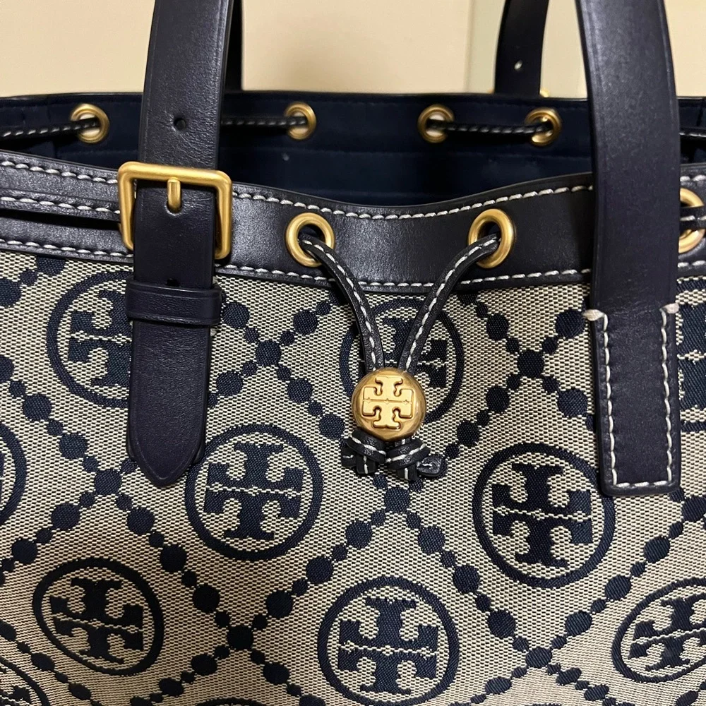 Tory Burch Navy and Cream Monogram Jacquard Small Tote
